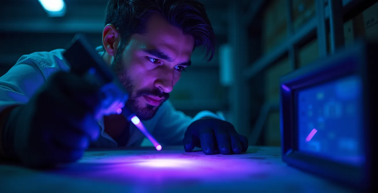 Expert analysant des traces de rongeurs avec une lampe UV spécialisée